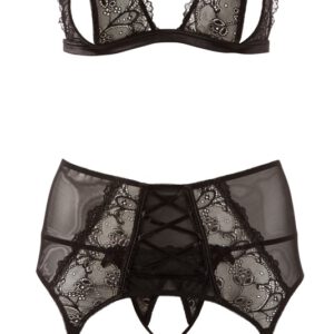 3-teiliges Strapsset, ouvert, aus Blütenspitze mit Zierschnürung